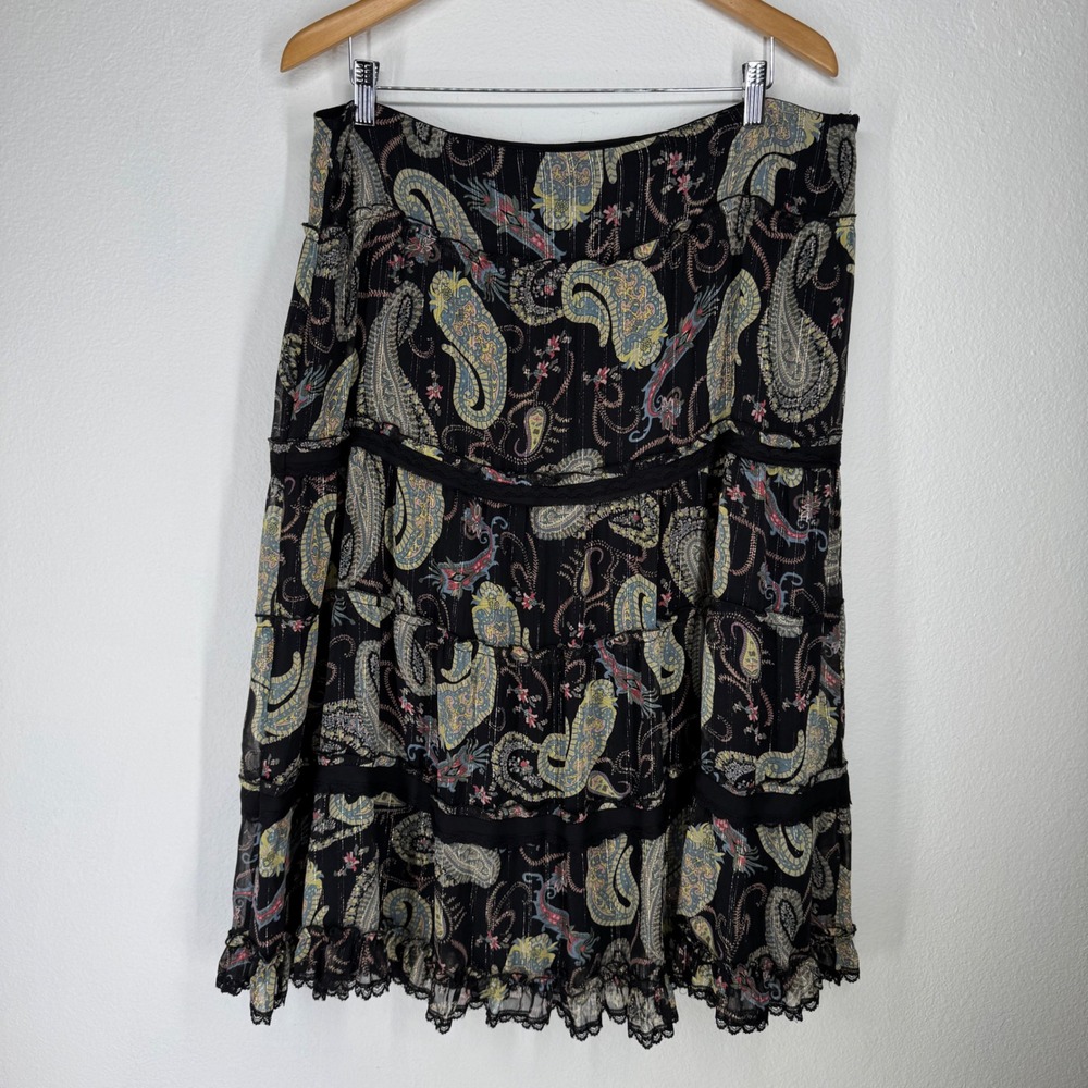 Vintage Paisley Tiered Midi Skirt‎ Lace Trim Metallic XL Petite  Whimsigoth Boho